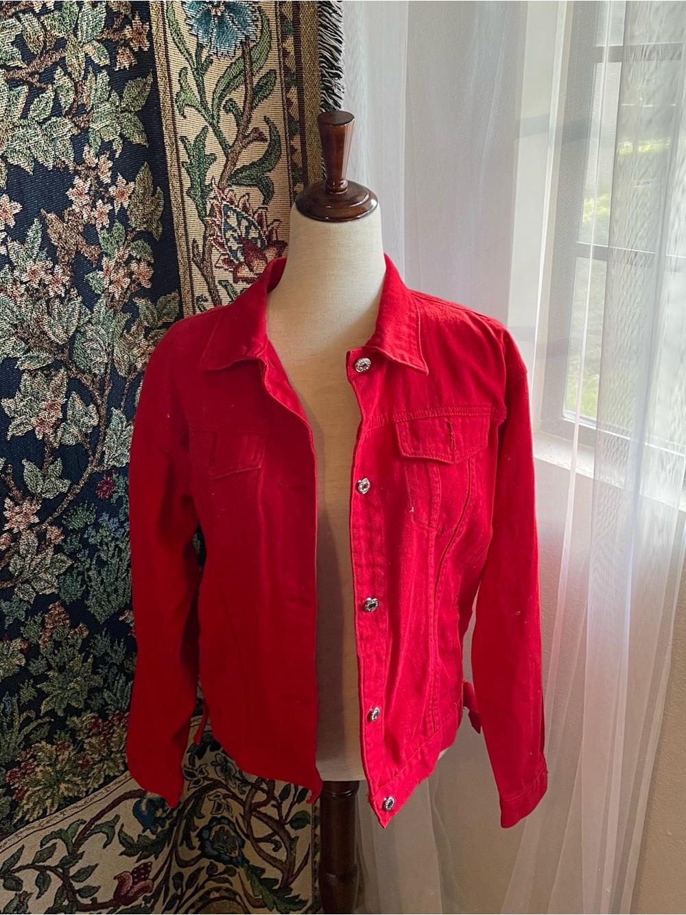 NWoT Red Denim Jean Jacket with Pockets and Collar, Silver Metal Buttons.